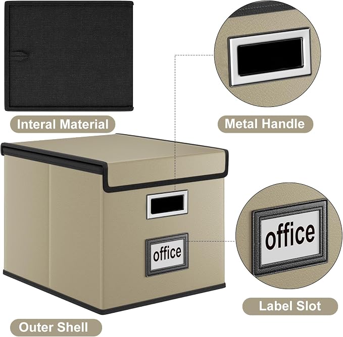 File Organizer Boxes with Lids, Collapsible Faux Leather Hanging File Folder Box Organizer with Plastic Slide, Decorative Home/Office Filing System Boxes for File and Folders Storage