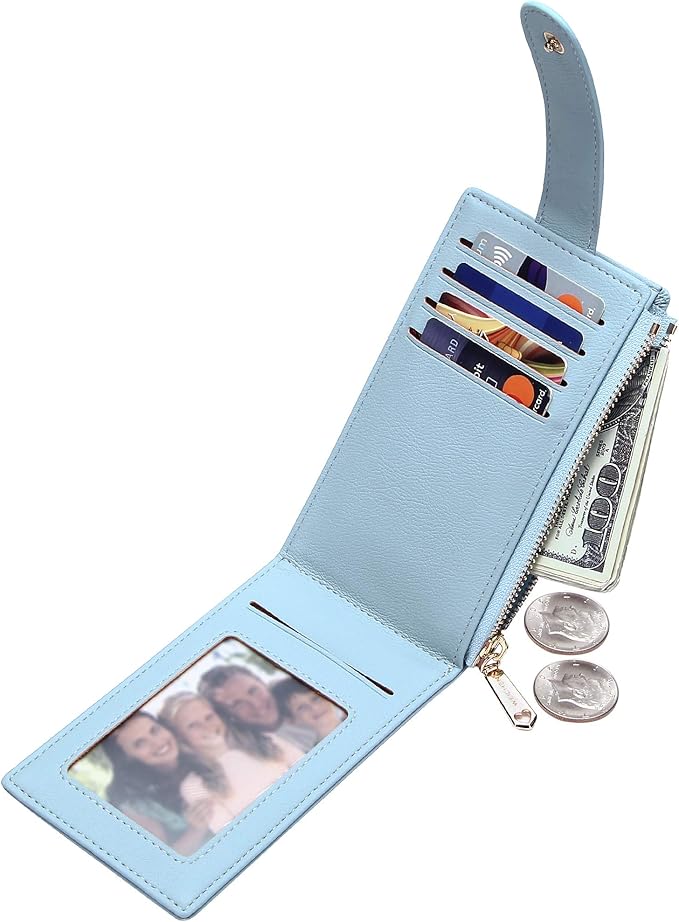 Badiya Slim Women Wallet RFID Blocking Bifold Compact 9 Card Slots Holder Wallets Soft Leather with Zipper Coin Pocket 2 ID Window