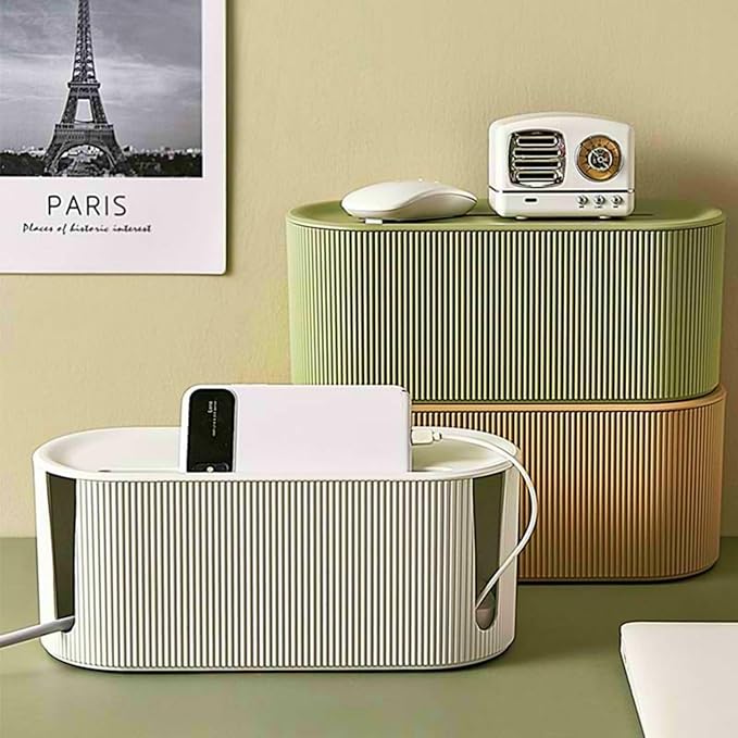 Cable Management Box,Desk Cord Organizer Box with Groove Cover,Plastic Cord Hider Box,Large Cable Box Organizer for Storaging Power Socket/TV/Computer/Router/Games Console Cable (Milk Tea)