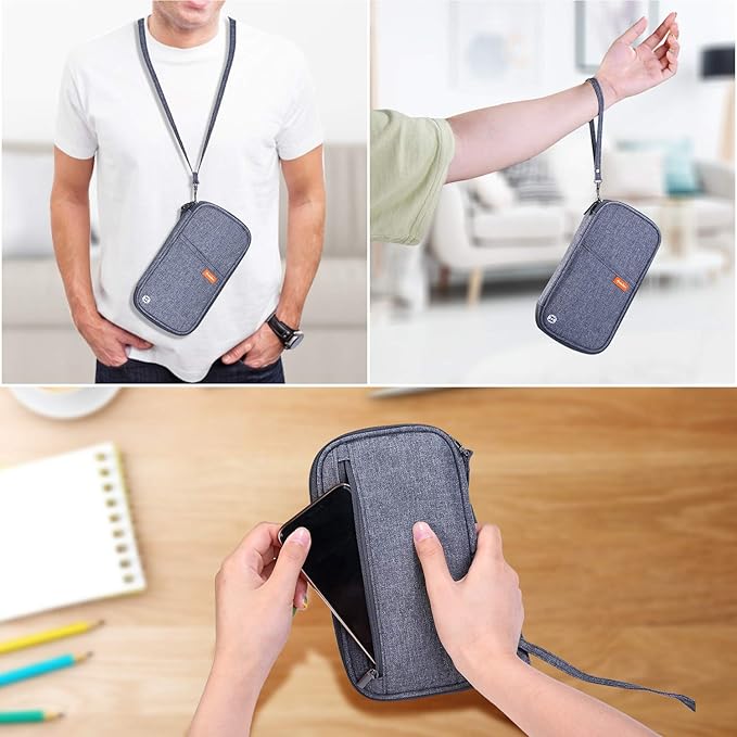 RFID Passport Wallet with Vaccine Card Slot, Family Travel Passport Holder Document Organizer Bag with Wrist & Neck Double Strap
