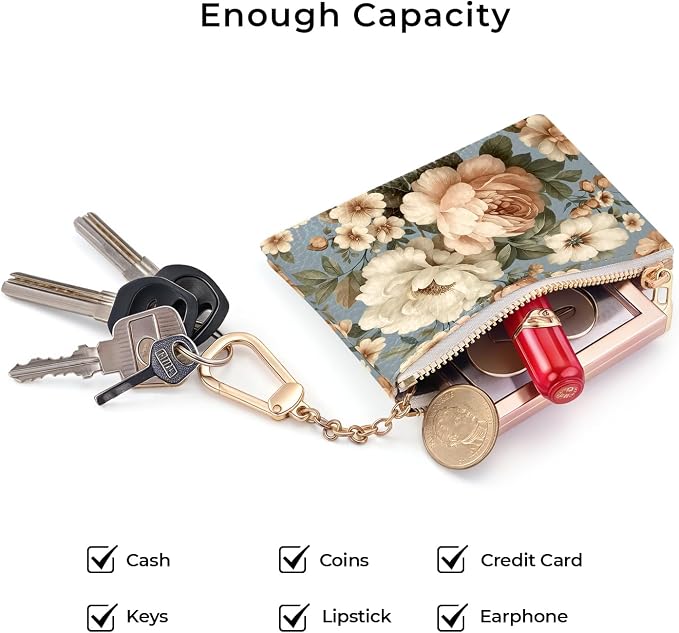 Vintage White Peony Floral Flowers Keychain Coin Purse for Women, Small PU Leather Change Pouch, Zipper Little Tiny Travel Wallet for Girls, Cute Kawaii Zip Pocket Coin Holder with Key Ring