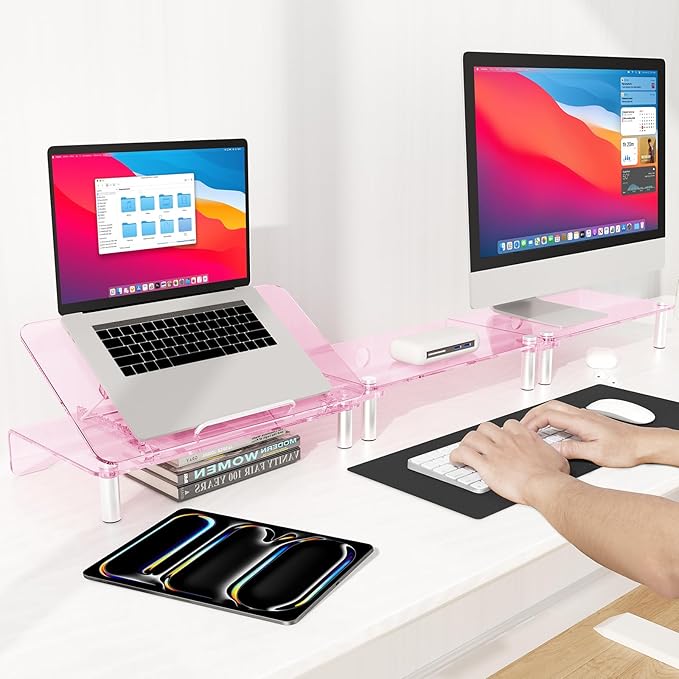 RQUOIRE Ergonomic Pink Acrylic Dual Monitor Stand with Adjustable Laptop Riser, Compatible with Desktop, Printer, TV and More Devices,monitor riser holder suitable for 2 monitors