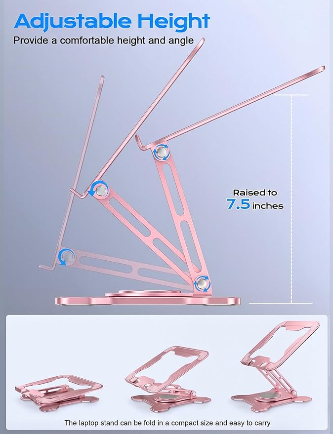 Adjustable Laptop Stand for Desk, 360° Rotating Base Ergonomic Computer Stand, Laptop Riser Foldable Protable for Office Home Fits Compatible with MacBook Pro/Air Notebook up to 10-16" Pink