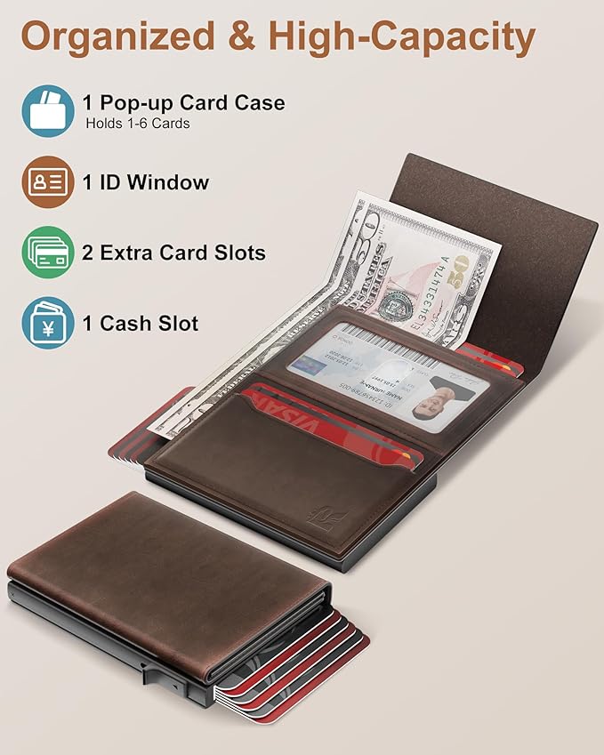 ROYAL KIT Wallet for Men Card Holder: Pop Up Card Case, RFID Blocking, Premium Genuine Leather, Slim, Minimalist, Front Pocket - 14 Card Capacity | ID Window | Cash Slot (Brown)