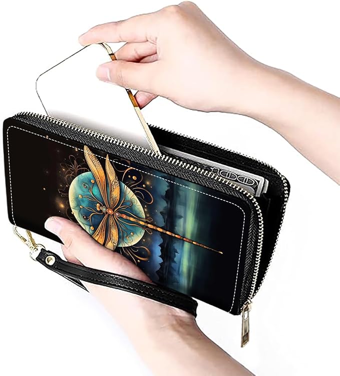 Women's Large Capacity Wallet PU Leather Zip Around Clutch Purse Multifunctional Wallet with Removable Wristlet Strap for Smart Phone/Coin/Card/Cash - Dragonfly