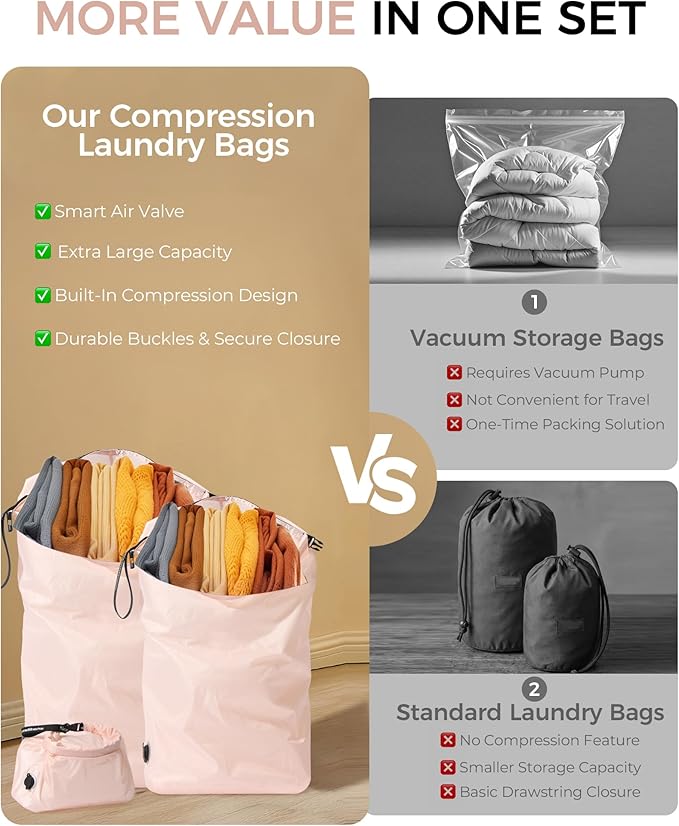 Travel Laundry Bag, Pump-Free Vacuum Compression Dirty Clothes Bag, Reusable Waterproof & Washable Laundry Bag, Wet and Dry Bag, Ideal for Suitcases, Road Trip Essentials (2 Pcs, M+L) Pink