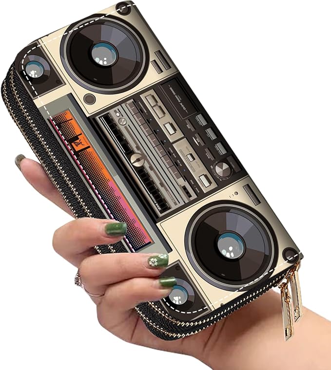 Women's Large Capacity Wallet PU Leather Double Zipper Clutch Purse Multifunctional Wallet with Removable Wristlet Strap for Smart Phone/Coin/Card/Cash - Retro Radio