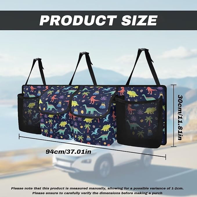 Cartoon Dinosaur Trunk Hanging Organizer Backseat Bag with 4 Pockets & 3 Adjustable Straps for Groceries Collapsible Storage Container Car Interior Accessories