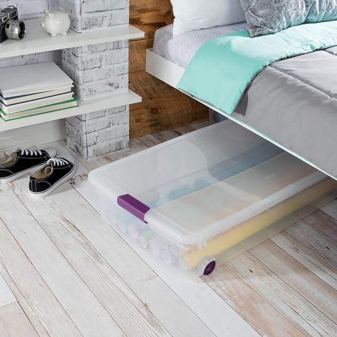 Sterilite 60 Qt ClearView Latch Wheeled Underbed Storage Box, Stackable Bin with Lid, Plastic Container to Organize Underbed, Clear Base, Lid Sweet Plum (Pack of 4)