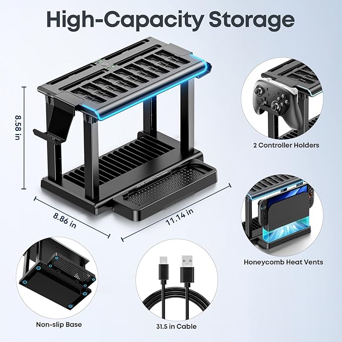 Switch 2/1/OLED RGB Organizer Station with Controller Charging Dock, Switch Storage Stand, Joycon 1/2 Charger, Gaming Accessories Holds TV Dock, 16 Game Cases, 18 Game Cards, and 2 Pro Controllers