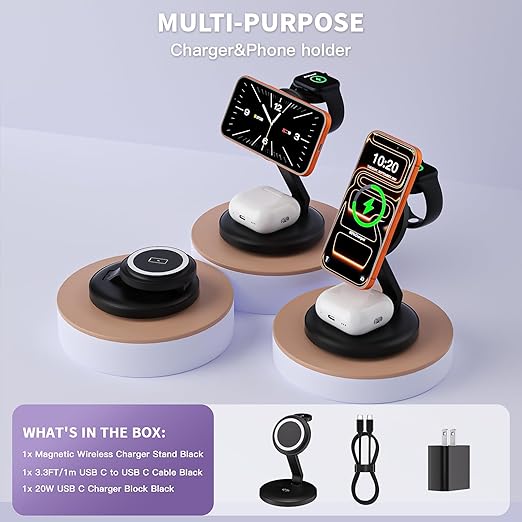 Charging Station for Apple Magsafe Wireless Charger iPhone Charging Station,15W 3 in 1 Foldable Apple Magnetic Wireless Charger for iPhone 17 Pro Max/16 Plus/16 ProMax/15/14/13,Apple Watch,AirPods Pro