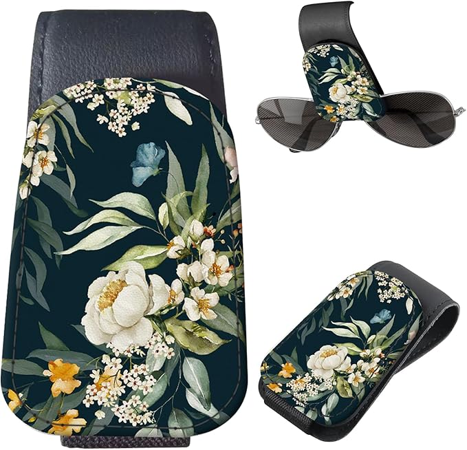 Sunglasses Holder for Car Visor, PU Leather Glasses Clip Organizer, Cute Magnetic Eyeglass Holder for Vehicle Sun Visor, Car Interior Accessory for Women & Men Dark Floral Lily