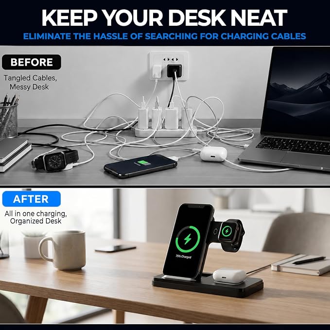 Foldable 3 in 1 Wireless Charging Station for Apple Magsafe Charger Stand,Fast Magnetic Wireless Charger Station for iPhone 17 Air 16 15 14 13 12 Series,Airpods Pro,Apple Watch Ultra