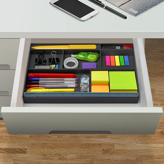 Acrimet Desk Drawer Organizer Tray with 8 compartments Bin Multi-Purpose for Desk Supplies and Accessories (Plastic) (Black Color) | 12" Ruler Special Divider Organizes Pens, Pencils, Stationery Accessories