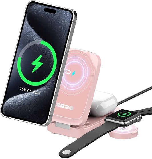 3 in 1 MagSafe Wireless Charging Station, 15W Magnetic Fast Charger for iPhone 17/16/15/14/13/12 Series, Apple Watch & AirPods, Foldable Portable Charging Stand for Desk, Bedside & Travel, Pink