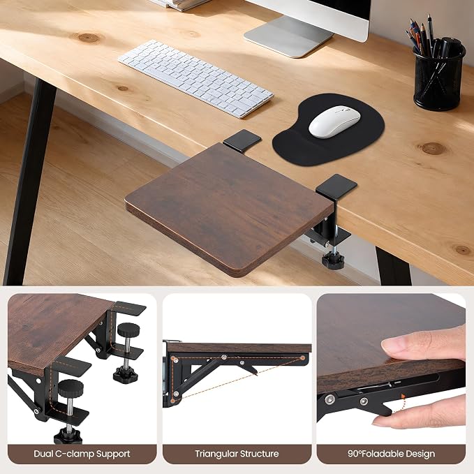 Ergonomics Foldable Desk Extender Tray with a Mouse Pad, 9"x9" Elbow Arm Rest with Clamp On Desktop Mount, 90° Foldable Armrest Support for Home and Office Use, Rustic Brown