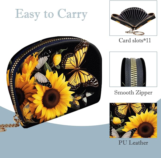 Women's Slim RFID Wallet – Compact Leather Card Holder Wallet for Women, 9 Card Slots RFID Blocking Credit Card Organizer, Small Travel Wallet - Sunflower Butterfly