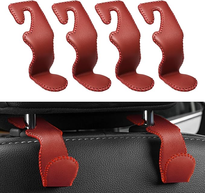 4 Pack Superior Leather Car Seat Headrest Hooks with 44 Pounds Load Capacity, Hangers Storage Organizer Universal Car Interior Accessories for Handbags Water Bottles Umbrellas, Red