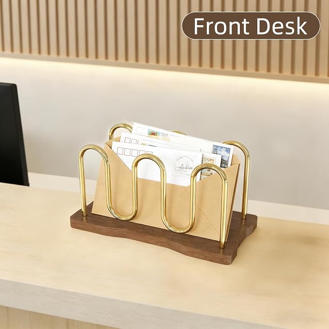 Mail Holder Organizer Countertop, Metal Mail Sorter for Desk, Cutout Mail Storage Bills Organizer Letter Tray Design with Bamboo Base for Home Office (Walnut)