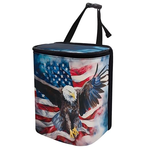 Biyejit USA Flag Eagle Car Trash Can with Lid, Leak Proof Auto Trash Bag Hanging Vehicle Garbage Can Multipurpose Storage Container for Back Seat Road Trip