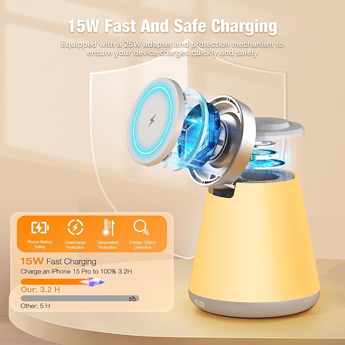 2 in 1 Wireless Charging Station with Night Lamp for Apple Samsung Magnetic Charger, 15W Foldable Portable Wireless Charging Stand for iPhone 17 16 15 14 13 12 Pro Max, Apple Watch