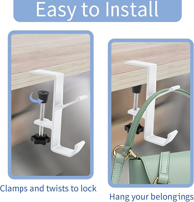Desk Mount Bag Holder Hook Clamp,On Backpack Hanger Portable Desk Mount Headphones Holder for Reduce Desk Clutter Table Desk Table Hanging Storage (1 Pcs-Double Hook White)