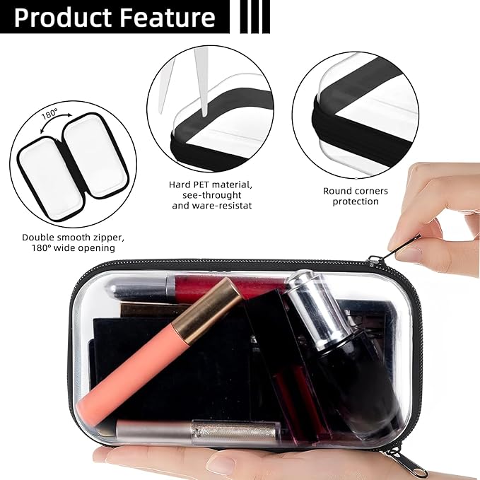 Clear Hard Shell Zipper Case,Clear Toy Storage Pouch,Waterproof Transparent Organizer Cosmetic Case for Travel, Office, Home (Black, 3*S)