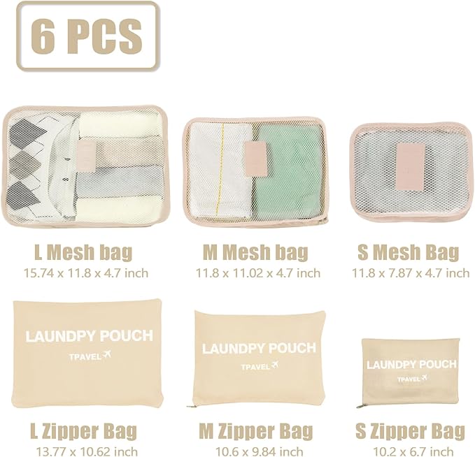 6 Set Packing Cubes for Travel Luggage Packing Bags Reusable Waterproof Suitcase Organizer Bags Set with Shoe Bag and Toiletry Bag (Beige‌)