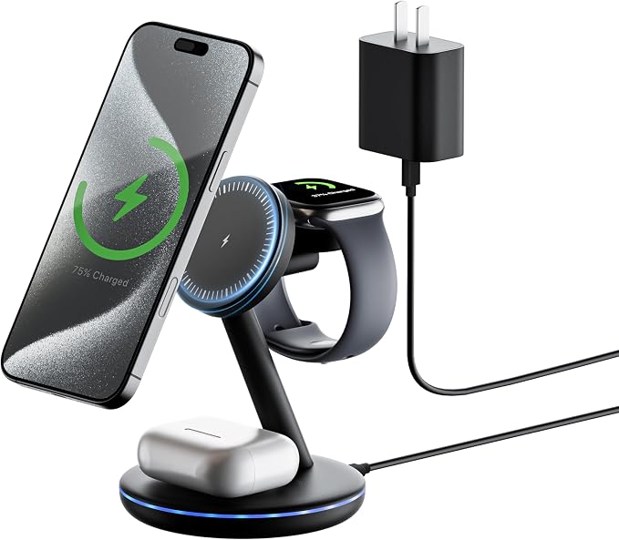 TESSAN 3 in 1 Charging Station Compatible with MagSafe, Magnetic Wireless Charger Stand for iPhone 17/16/15/14/13 Series, Charging Dock for Apple Watch & AirPods, Includes Cable and 20W Adapter