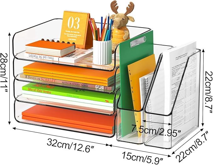 FANXIYQ 4-Tier Acrylic Paper Tray Organizer with Bookends, Large Clear Stackable Letter Tray Organizer for Desk, Acrylic File Organizer & Office Paper Storage, 12.6" Wide Desktop Organizer