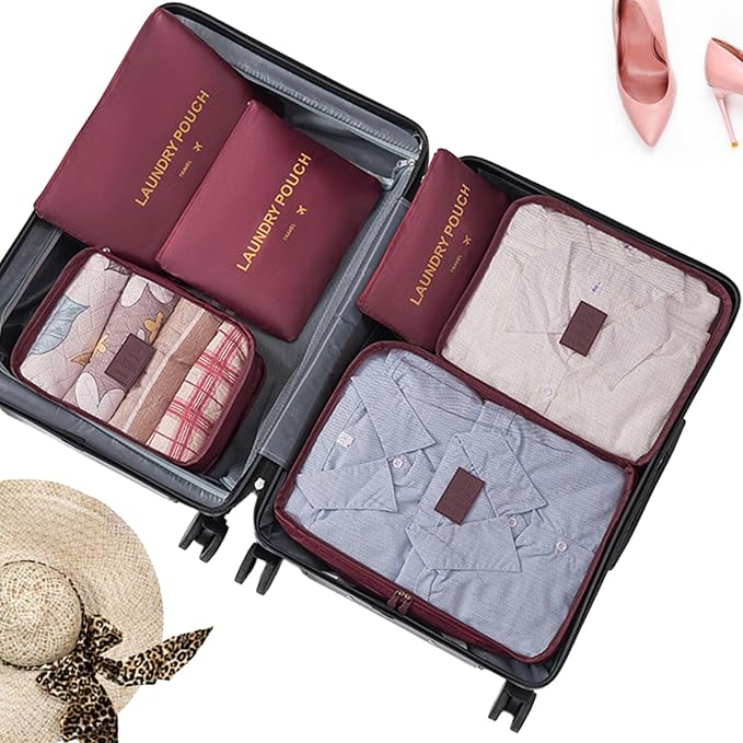 6 Set Packing Cubes for Travel Luggage Packing Bags Reusable Waterproof Suitcase Organizer Bags Set with Shoe Bag and Toiletry Bag (Wine Red)