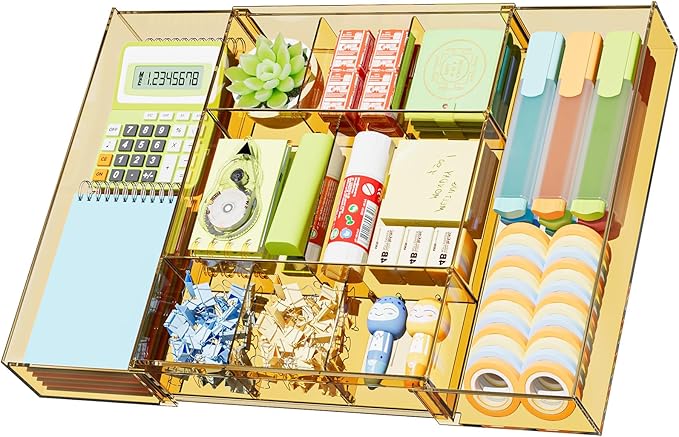 Marbrasse Expandable Desk Drawer Organizer, Clear Plastic Drawer Organizer Tray with 10 Adjustable Compartments, Desk Organizers and Accessories, 5 Drawer Dividers for Office Supplies(Clear Champagne)