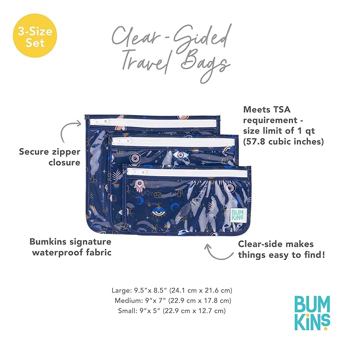 Bumkins Travel Bag, Toiletry, TSA Approved Pouch, Zip Bag, Quart Size Airline Compliant, Clear-Sided, Baby, Diaper Bag Organization, Makeup, Accessories, Carry On Packing, Set of 3 Sizes, Evil Eye
