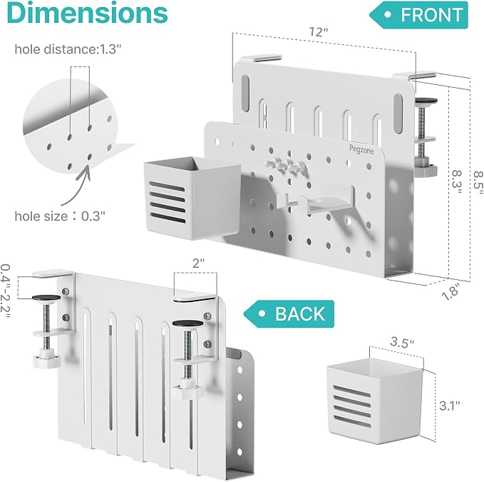 Under Desk Storage Organizer, Laptop Holder Stand with Pegboard Design, Holds 22lbs, Clamp on Desk Organizer, Fits 0.4"-2.2" Desktop Edge, White