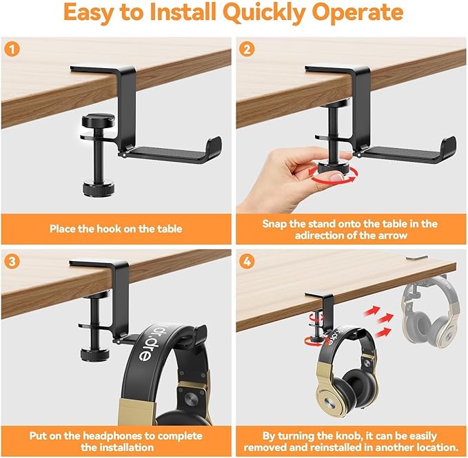 Headphone Hanger Holder Stand -Under Desk Headphone Hanger， Headset Hook Holder with Foldable，Space-Saving Aluminum Stand with Universal Fit for Gaming PC Accessories (Black-1PCS)