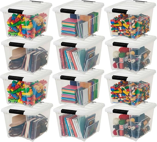 IRIS USA 19 Qt Stackable Plastic Storage Bins with Lids, 12 Pack - BPA-Free, Made in USA - See-Through Organizing Solution, Latches, Durable Nestable Containers, Secure Pull Handle - Clear/White