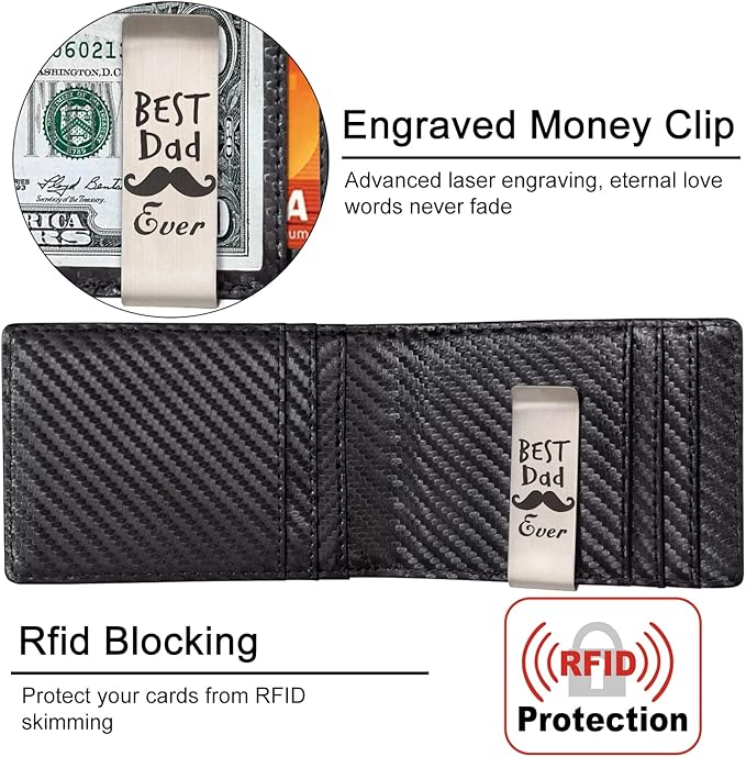 Kullder Personalized Engraved Mens Slim Wallet with Metal Clip - Best Dad Ever Gift Birthday Fathers Day Christmas Gifts RFID Bifold Wallet Card Holder for Father