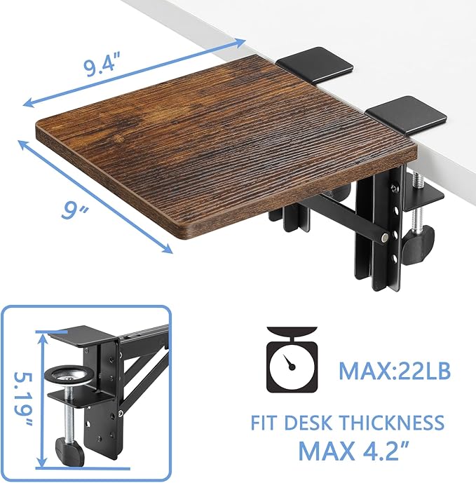 ETHU Desk Extender Tray, 9.4"x9.1" Ergonomics Computer Arm Wrist Rest for Desk, Foldable Keyboard Drawer Tray Clamp On Mount Easy to Install, Armrest Support for Home and Office (Wood)