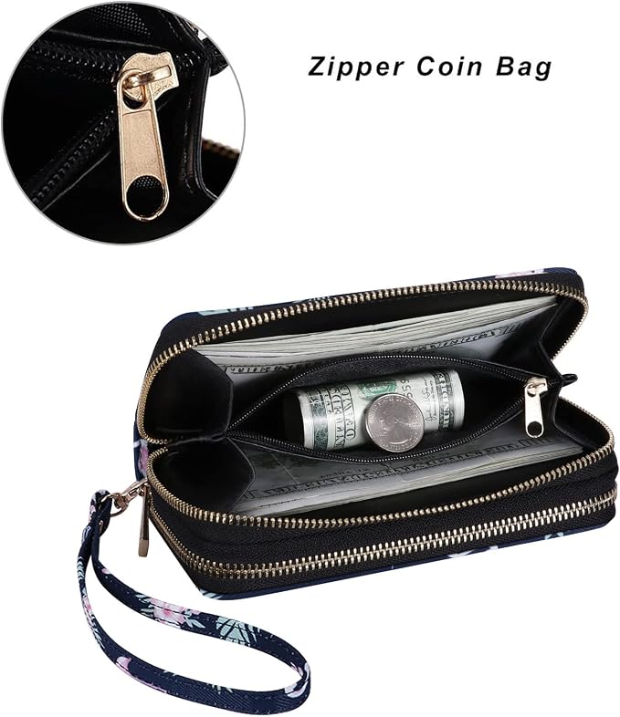 Cellphone Wallet for Women Dual Zipper Long Purse with Removable Wristlet
