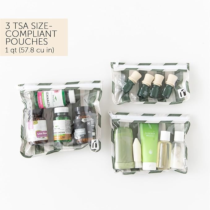 Bumkins Roamio Travel Bag, Toiletry, TSA Approved Pouch, Zip Quart Size Airline Compliant, Clear-Sided, Baby, Diaper Organization, Makeup, Accessories, Carry On Packing, Set of 3 Sizes, Green Stripe
