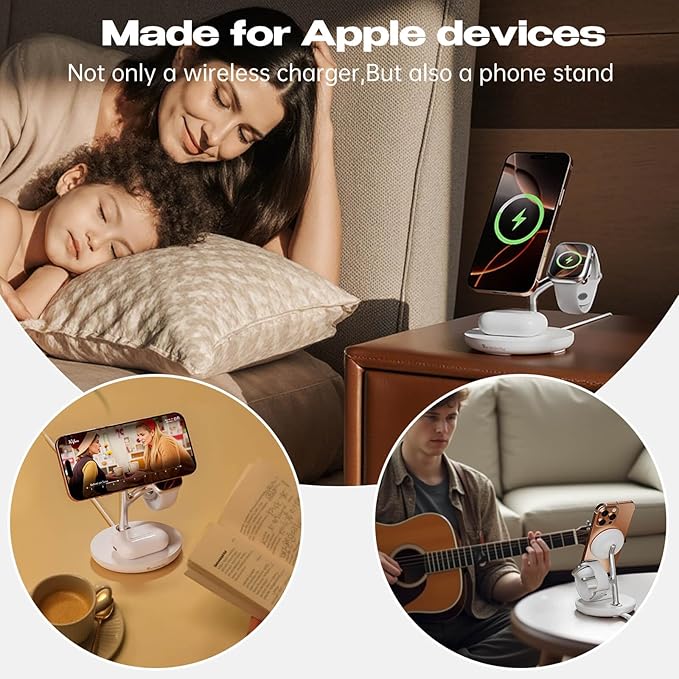 3 in 1 Wireless Charging Station for Multiple Devices Apple, Magsafe Charger Stand, Fast Magnetic Mag-Safe Wireless Charger Dock for iPhone 17-12,Watch Airpods NigntStand Charging Station