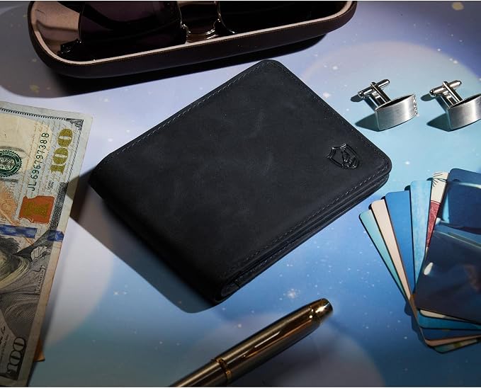 Cochoa Wallet for Men Bifold Leather RFID Blocking High Capacity Slim Card Case with 2 ID Window for Gift (Crazy Horse, Navy)