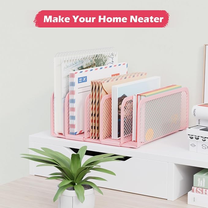 Mail Organizer Countertop, Metal File Holder with 5-Slot, Small Desk File Organizer for Letter, Bill, Mail Sorter, Desktop Letter Folder Holders for Office, Home, School (Pink)
