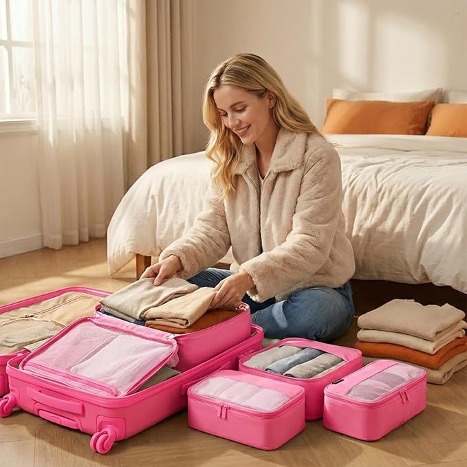 4 Piece Compression Packing Cubes for 3–7 Day Travel, Space Saving Travel Organizers with Breathable Mesh, Double-Zipper Packing Cubes for Carry-On & Suitcases (Pink)