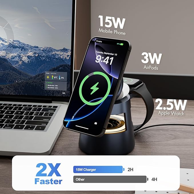 5 in 1 Magnetic Wireless Charger Bluetooth Speakers and Night Light for Apple Mag Safe iPhone 17 16e 16 15 14 13 12 Pro Max iWatch and AirPods Fast Charging Station Gift Ideal for Men Teenage Boys