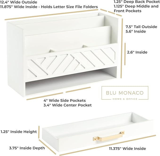 BLU MONACO | White Wooden Desk Organizer & Mail Organizer with Drawer & Gold Handle | Mail Sorter Countertop | 6 Compartments | White Desktop Organizer for Desk