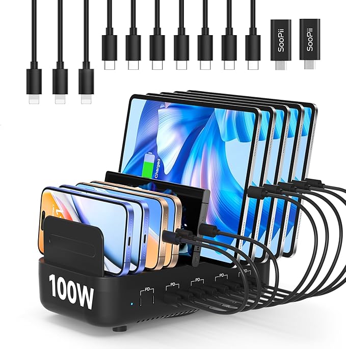 SooPii Multi USB Charging Station,100W 10-Port Type C Fast lPad Charging Station for Multiple Devices with Adjustable Dividers, Charger Organizer Compatible with Phone, Tablet,Kindle and More(Black)