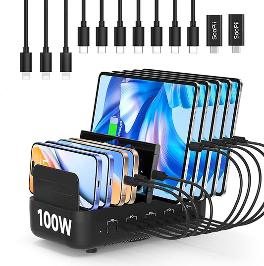 SooPii Multi USB Charging Station,100W 10-Port Type C Fast lPad Charging Station for Multiple Devices with Adjustable Dividers, Charger Organizer Compatible with Phone, Tablet,Kindle and More(Black)