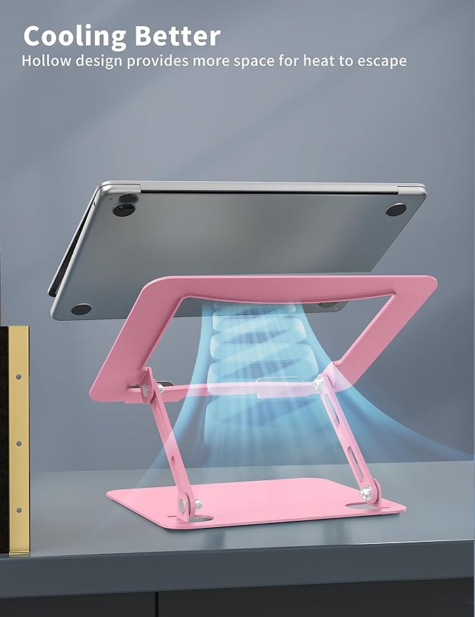 SOUNDANCE Laptop Stand for Desk, Portable Adjustable Laptop Riser, Ergonomic Design Computer Holder, Metal Laptop Mount Elevator Compatible with 10 to 15.6 Inches PC Computer, Pink