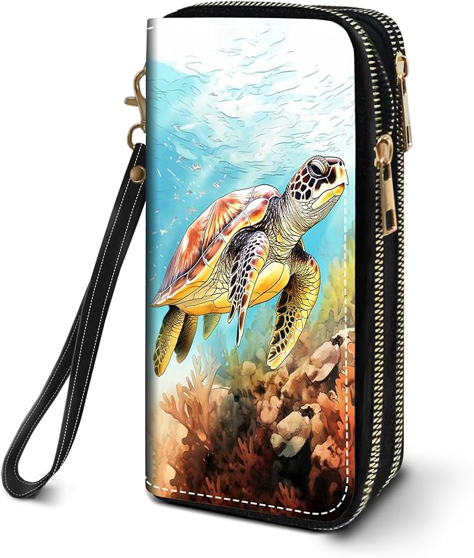 Women's Large Capacity Wallet PU Leather Double Zipper Clutch Purse Multifunctional Wallet with Removable Wristlet Strap for Smart Phone/Coin/Card/Cash - Sea Turtle